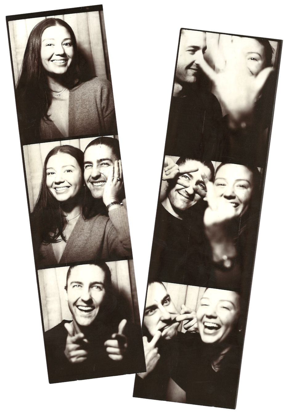 Taylor and Jake in overlapping photobooth strips — laughing, smiling, showing off the ring